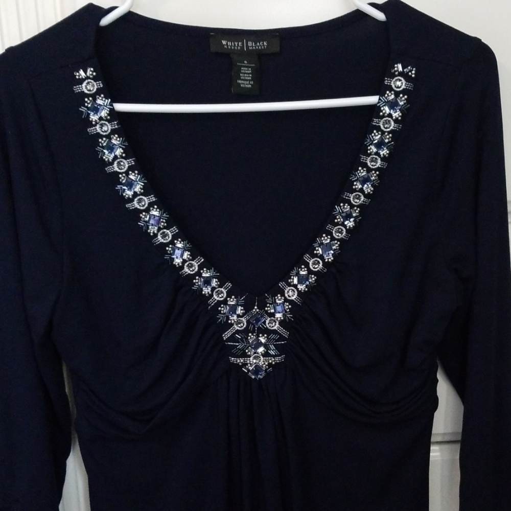 WHBM Beautiful Embellished Navy V-Neck top - Picture 4 of 7